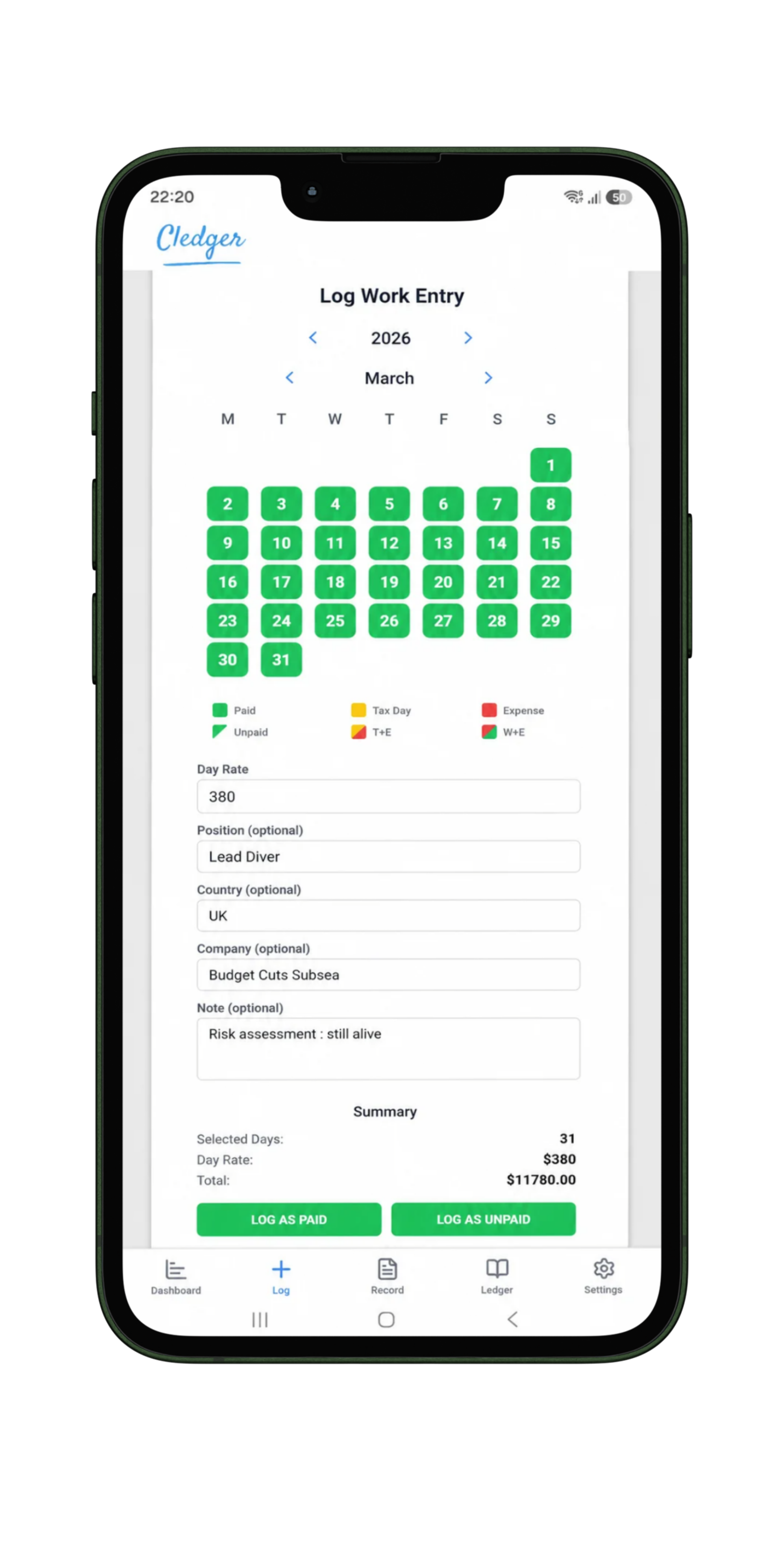 Work Log screen showing the Cledger app with a calendar, day rate, position, country and company fields