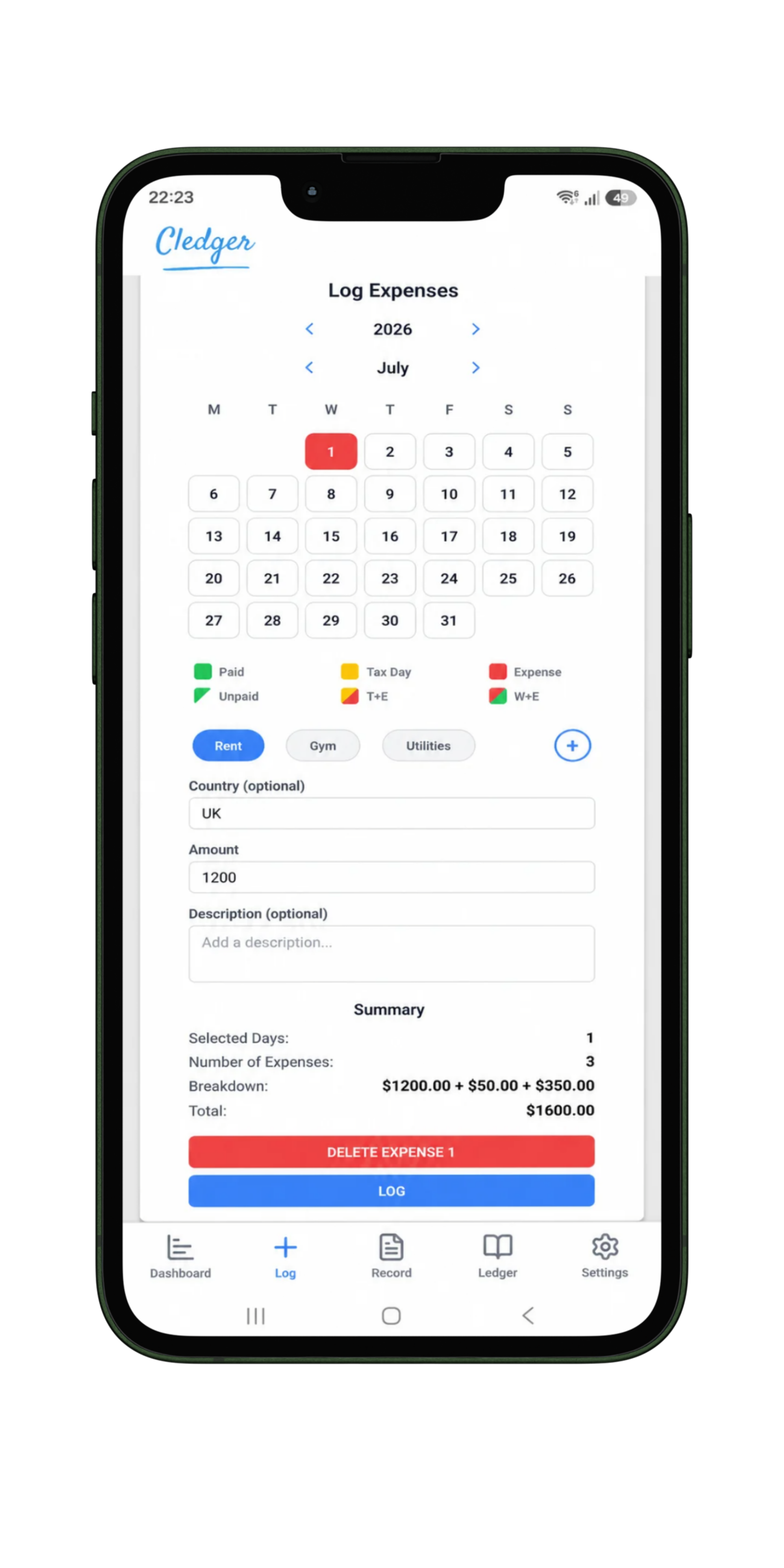 Expense Tracker screen showing the Cledger app with expense categories, country, amount and description fields