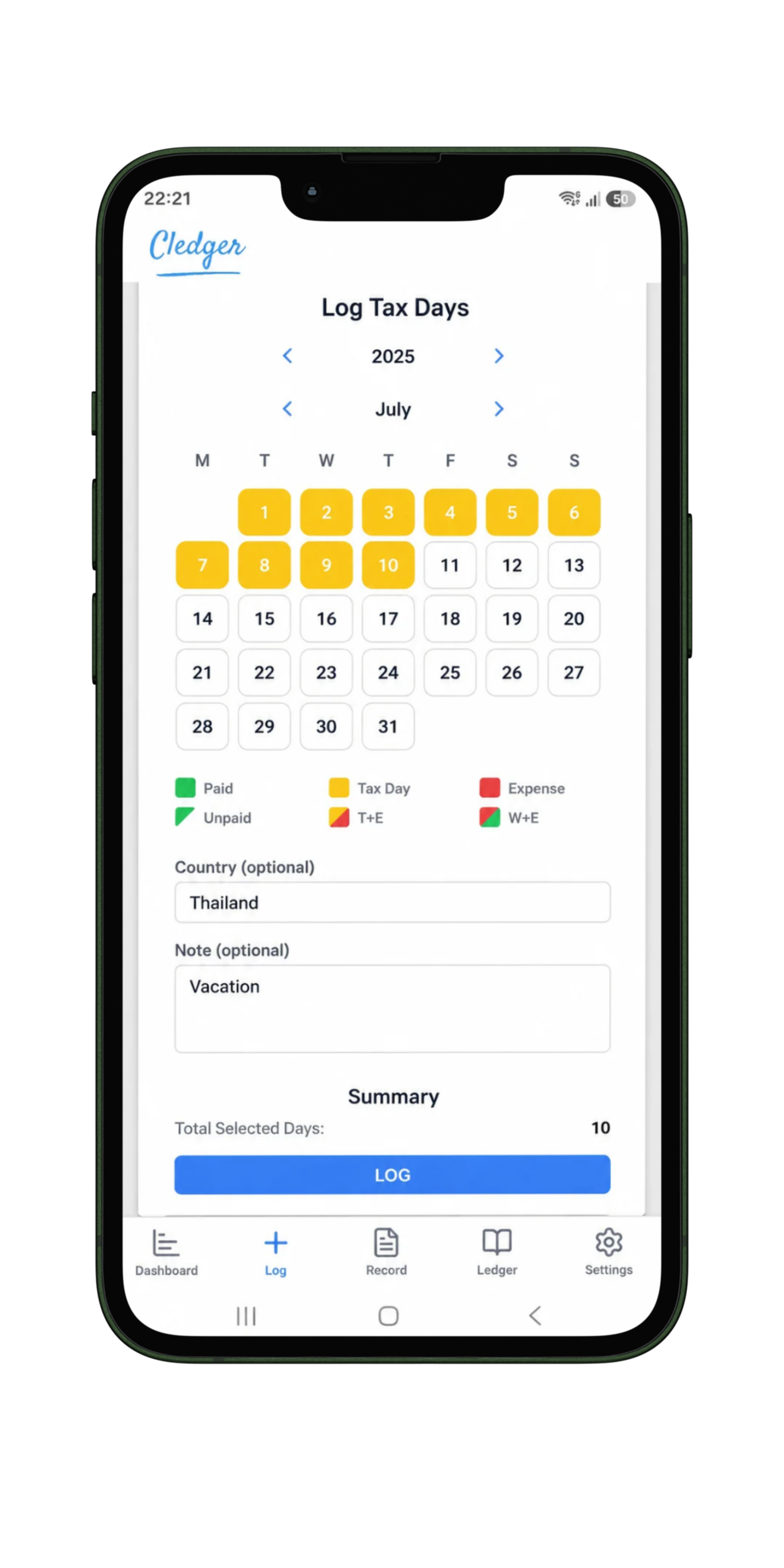Tax Calendar screen showing the Cledger app with days counted toward tax residency requirements