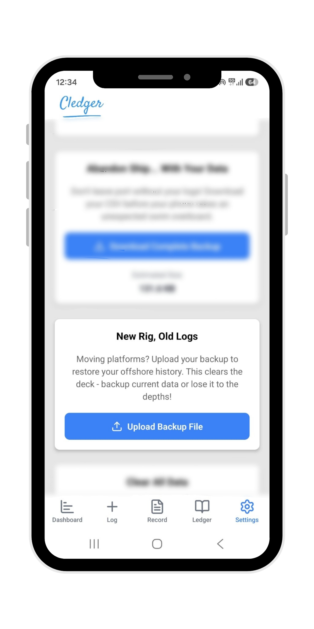 Cledger restore screen showing upload backup file option