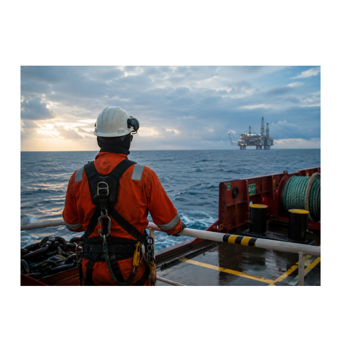 Offshore worker in orange coveralls standing on a vessel deck looking toward an oil platform