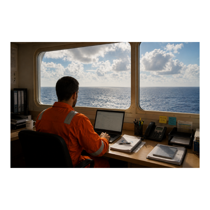 Marine professional in orange coveralls working at a laptop in a vessel cabin overlooking the ocean