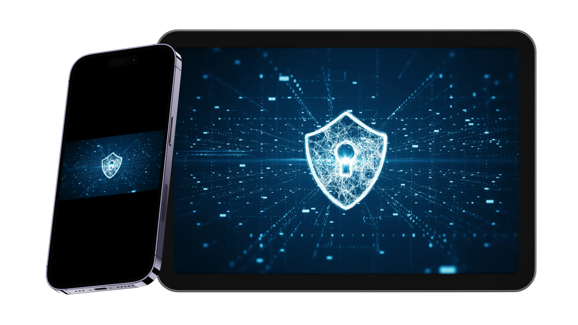 A phone and tablet showing a shield icon representing private, on-device data storage
