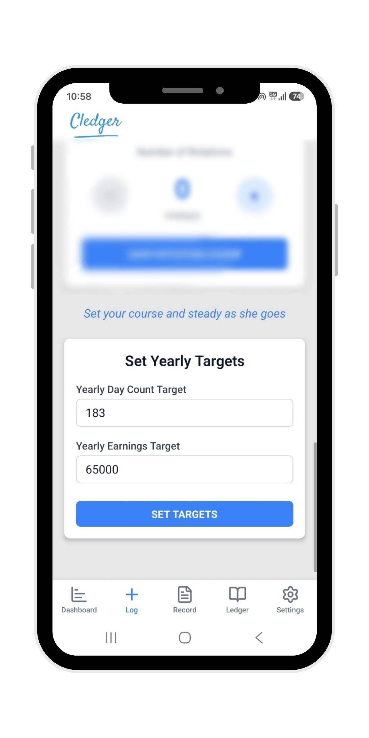 Cledger goals and targets screen